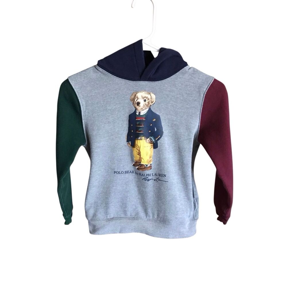 Ralph Lauren Polo Bear boys Size 7 hoodie fleece sweatshirt gray color block